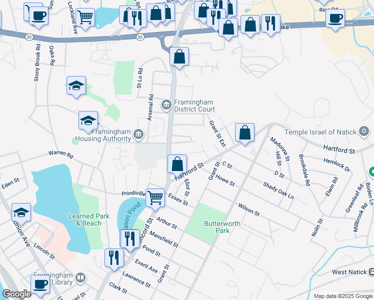 map of restaurants, bars, coffee shops, grocery stores, and more near 35 Thelma Road in Framingham