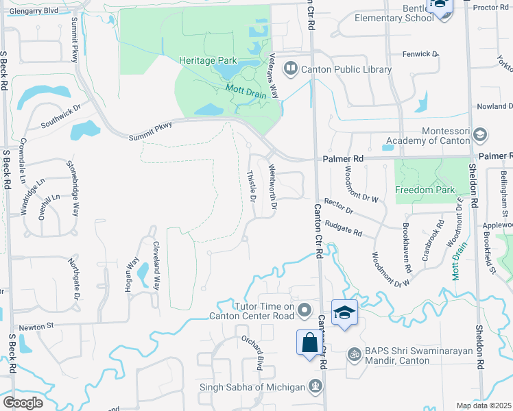 map of restaurants, bars, coffee shops, grocery stores, and more near 1693 Thistle Drive in Canton