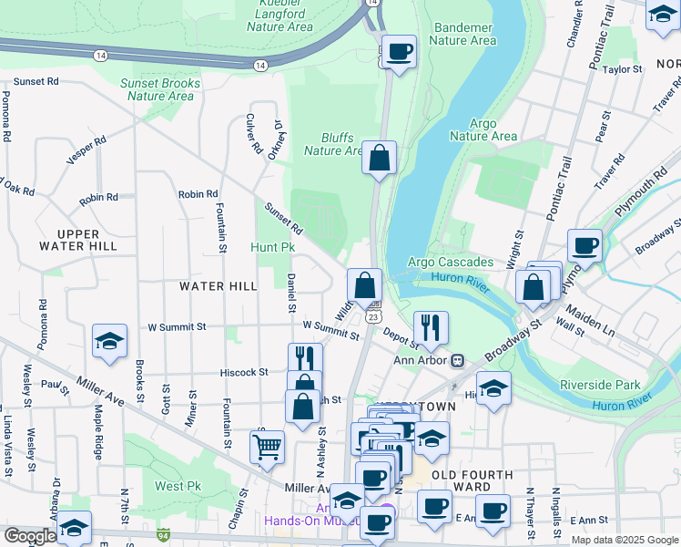 map of restaurants, bars, coffee shops, grocery stores, and more near 220 Sunset Road in Ann Arbor