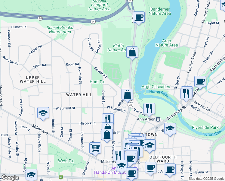 map of restaurants, bars, coffee shops, grocery stores, and more near 245 Brookridge Court in Ann Arbor