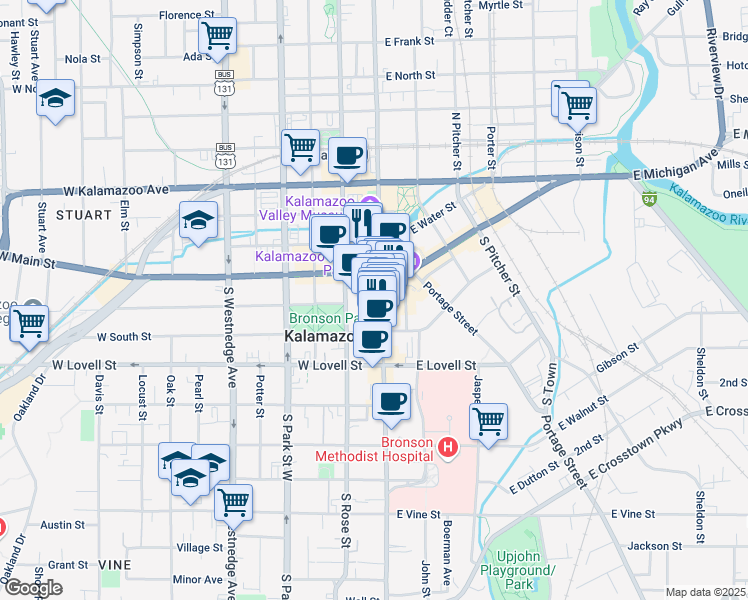 map of restaurants, bars, coffee shops, grocery stores, and more near 125 West Exchange Place in Kalamazoo