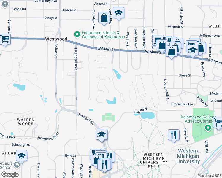 map of restaurants, bars, coffee shops, grocery stores, and more near 269 Lake Ridge Drive in Kalamazoo
