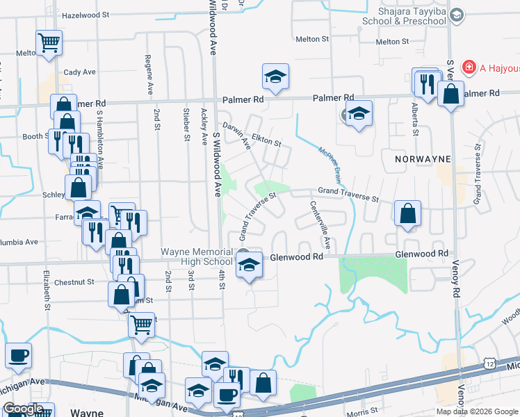 map of restaurants, bars, coffee shops, grocery stores, and more near 2340 Deerfield Court in Westland