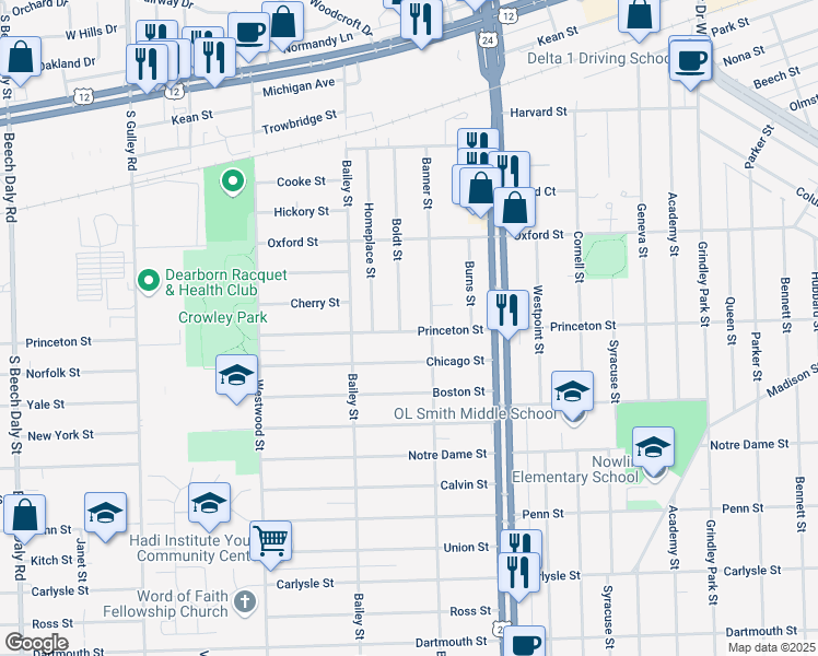 map of restaurants, bars, coffee shops, grocery stores, and more near 2840 Boldt Street in Dearborn