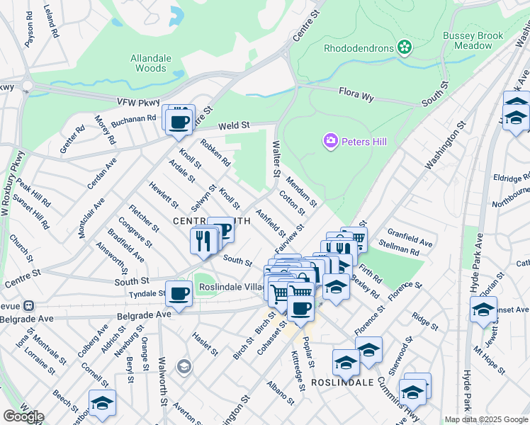 map of restaurants, bars, coffee shops, grocery stores, and more near 33 Ashfield Street in Boston