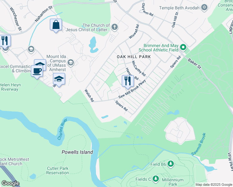 map of restaurants, bars, coffee shops, grocery stores, and more near 22 Stein Circle in Newton