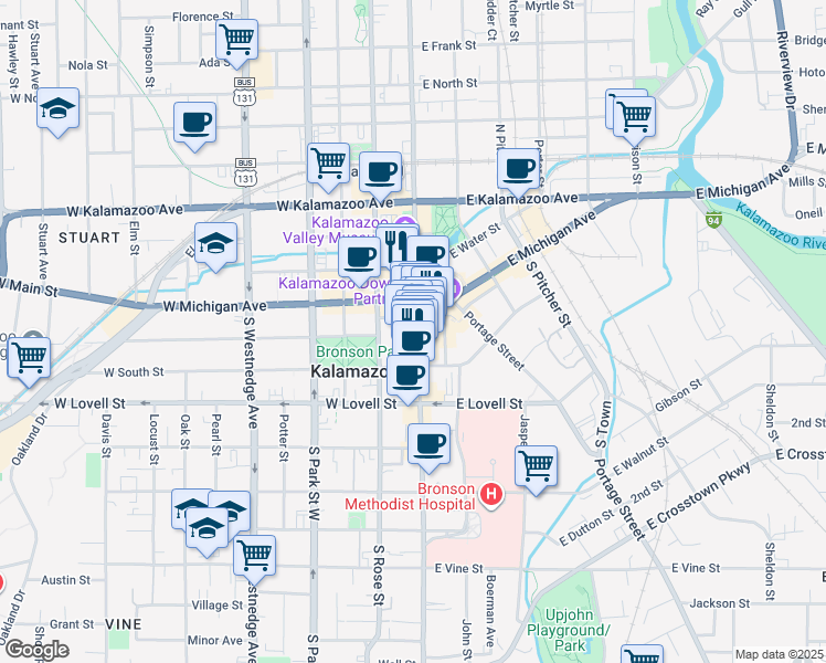 map of restaurants, bars, coffee shops, grocery stores, and more near 154 South Kalamazoo Mall in Kalamazoo