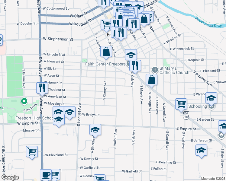 map of restaurants, bars, coffee shops, grocery stores, and more near 314 West Chestnut Street in Freeport