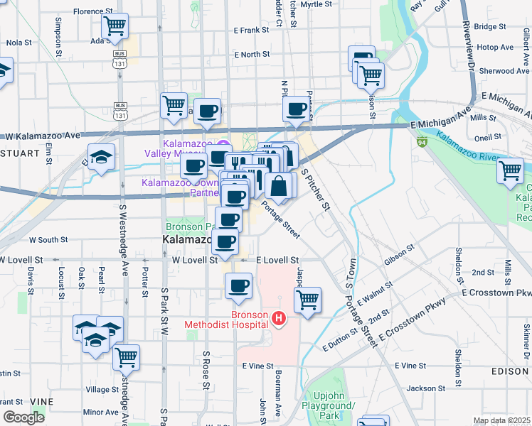 map of restaurants, bars, coffee shops, grocery stores, and more near 148 Portage Street in Kalamazoo