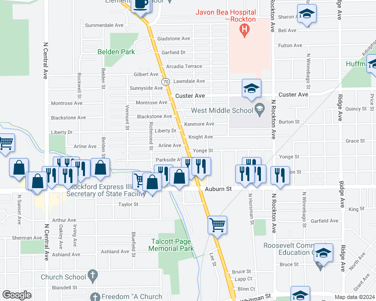map of restaurants, bars, coffee shops, grocery stores, and more near 5915 Yonge Street in Rockford