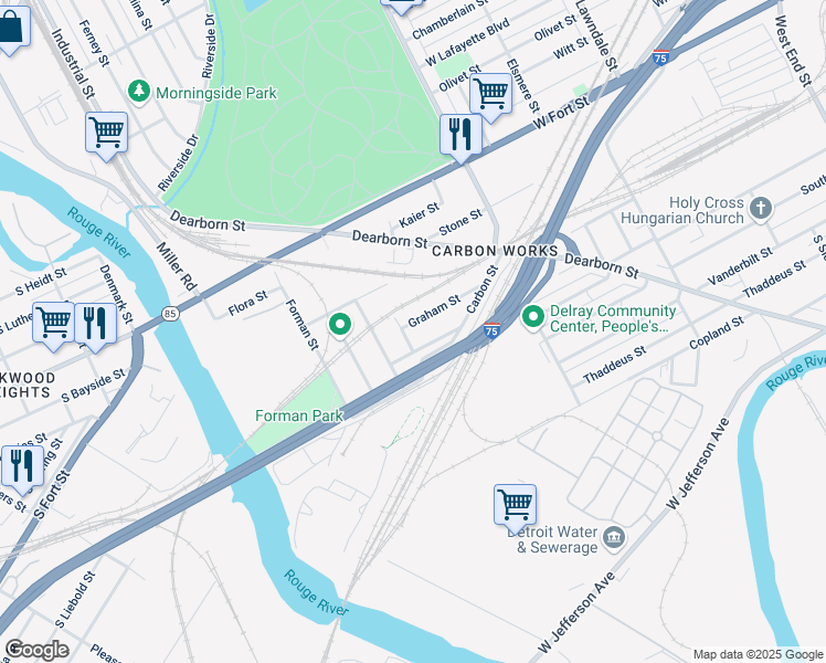 map of restaurants, bars, coffee shops, grocery stores, and more near 9647 Graham Street in Detroit