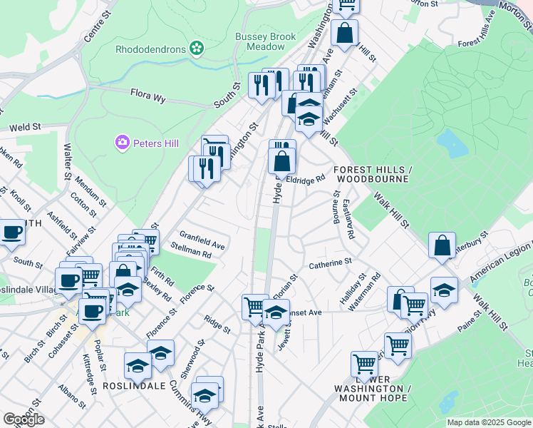 map of restaurants, bars, coffee shops, grocery stores, and more near 303 Hyde Park Avenue in Boston