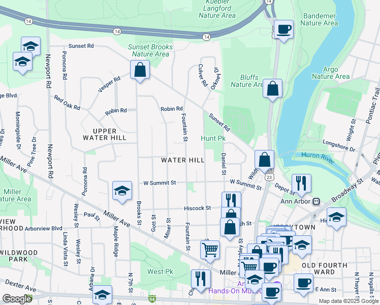 map of restaurants, bars, coffee shops, grocery stores, and more near 1002 Fountain Street in Ann Arbor