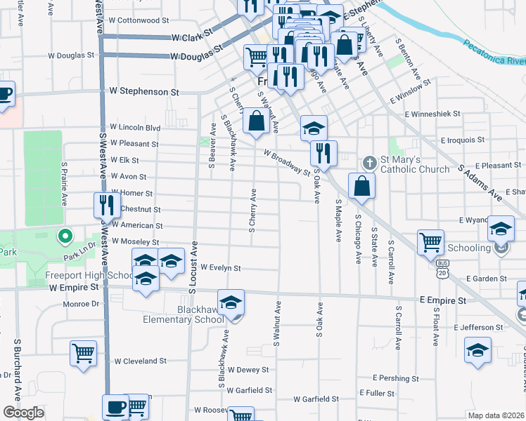 map of restaurants, bars, coffee shops, grocery stores, and more near 314 West Chestnut Street in Freeport