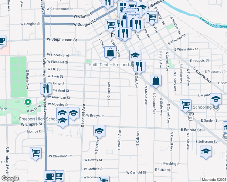 map of restaurants, bars, coffee shops, grocery stores, and more near 314 West Chestnut Street in Freeport