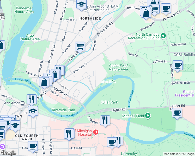 map of restaurants, bars, coffee shops, grocery stores, and more near 1221 Island Drive in Ann Arbor