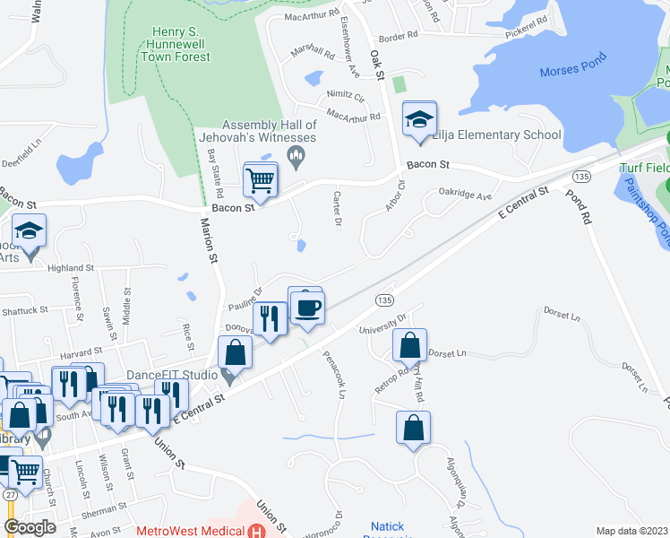 map of restaurants, bars, coffee shops, grocery stores, and more near 24 Pauline Drive in Natick