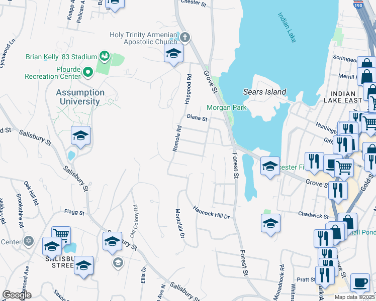 map of restaurants, bars, coffee shops, grocery stores, and more near 12 Apollo Road in Worcester