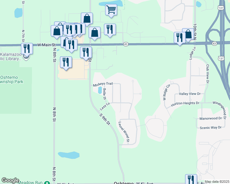 map of restaurants, bars, coffee shops, grocery stores, and more near 267 Murphy's Trail in Kalamazoo
