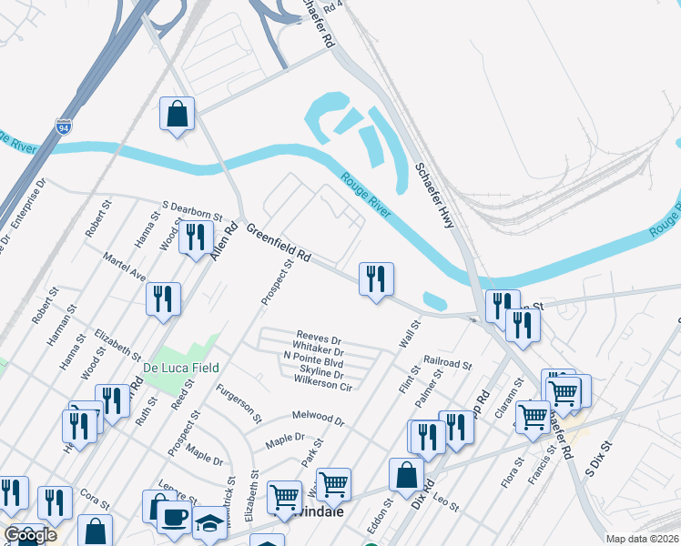 map of restaurants, bars, coffee shops, grocery stores, and more near 3424 Greenfield Road in Melvindale