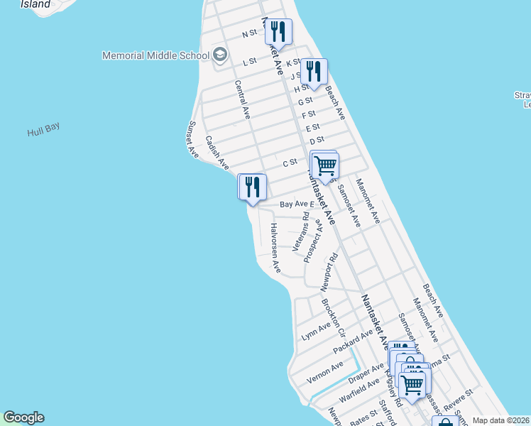 map of restaurants, bars, coffee shops, grocery stores, and more near 63 Halvorsen Avenue in Hull