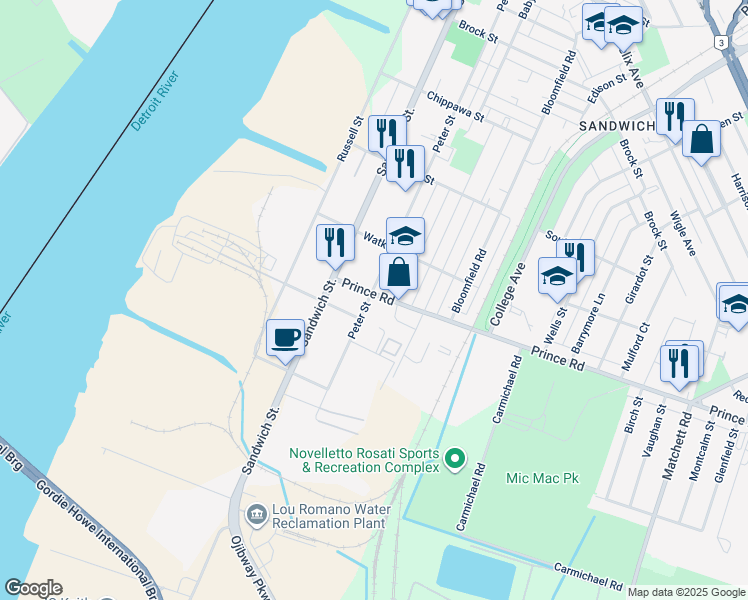 map of restaurants, bars, coffee shops, grocery stores, and more near 411 Prince Road in Windsor
