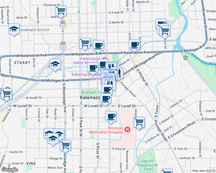 map of restaurants, bars, coffee shops, grocery stores, and more near 154 South Kalamazoo Mall in Kalamazoo