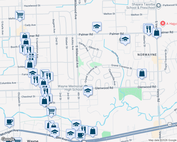 map of restaurants, bars, coffee shops, grocery stores, and more near 2340 Deerfield Court in Westland
