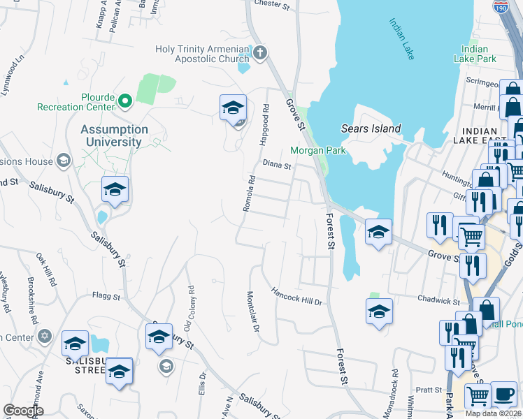 map of restaurants, bars, coffee shops, grocery stores, and more near 14 H Apollo Road in Worcester