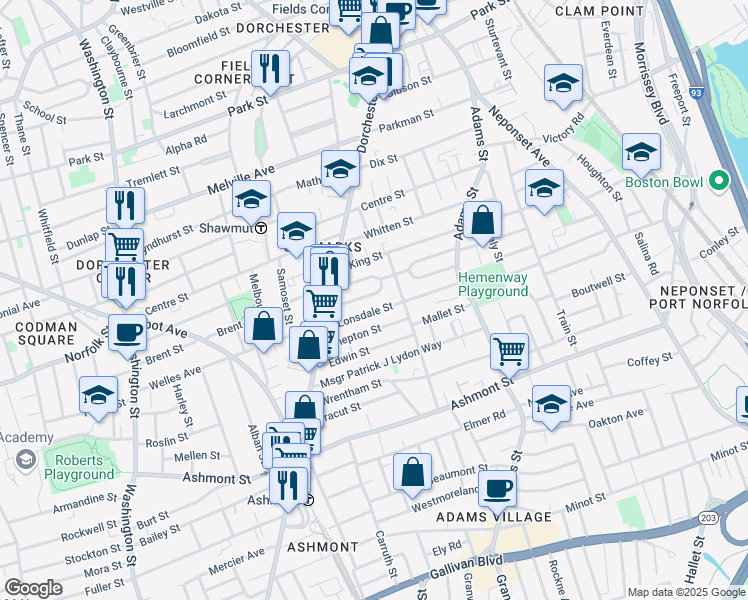 map of restaurants, bars, coffee shops, grocery stores, and more near 47 Semont Road in Boston