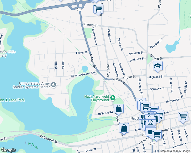 map of restaurants, bars, coffee shops, grocery stores, and more near 4 General Greene Avenue in Natick