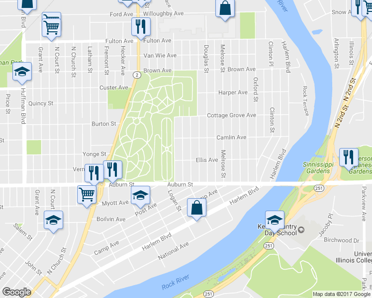 map of restaurants, bars, coffee shops, grocery stores, and more near 1816 Hancock Street in Rockford