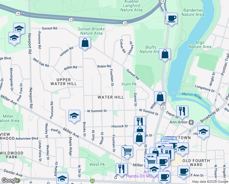 map of restaurants, bars, coffee shops, grocery stores, and more near 1002 Fountain Street in Ann Arbor
