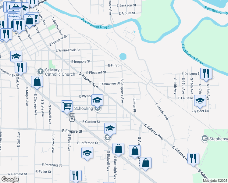 map of restaurants, bars, coffee shops, grocery stores, and more near 826 East Wyandotte Street in Freeport