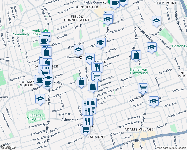 map of restaurants, bars, coffee shops, grocery stores, and more near 19 Roseland Street in Boston
