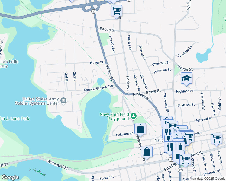 map of restaurants, bars, coffee shops, grocery stores, and more near 4 General Greene Avenue in Natick