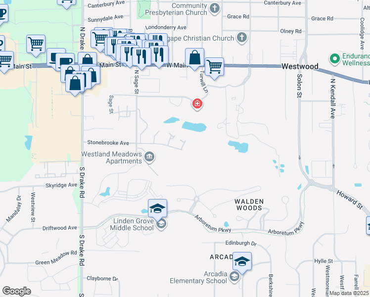 map of restaurants, bars, coffee shops, grocery stores, and more near 225 Raintree Circle in Kalamazoo