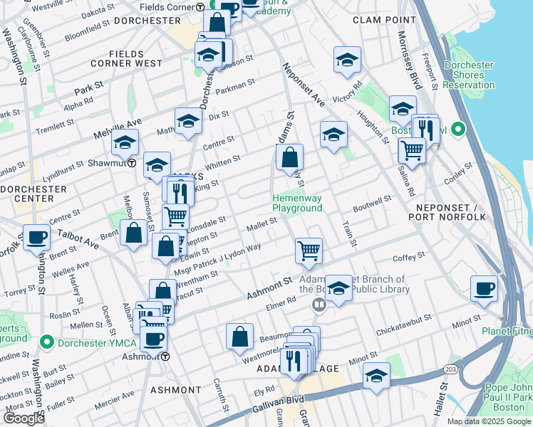 map of restaurants, bars, coffee shops, grocery stores, and more near 107 Lonsdale Street in Boston