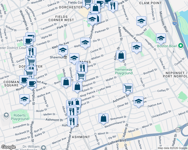 map of restaurants, bars, coffee shops, grocery stores, and more near 47 Semont Road in Boston