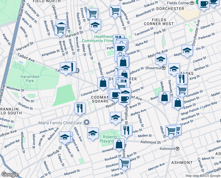 map of restaurants, bars, coffee shops, grocery stores, and more near 11 Hopestill Street in Boston