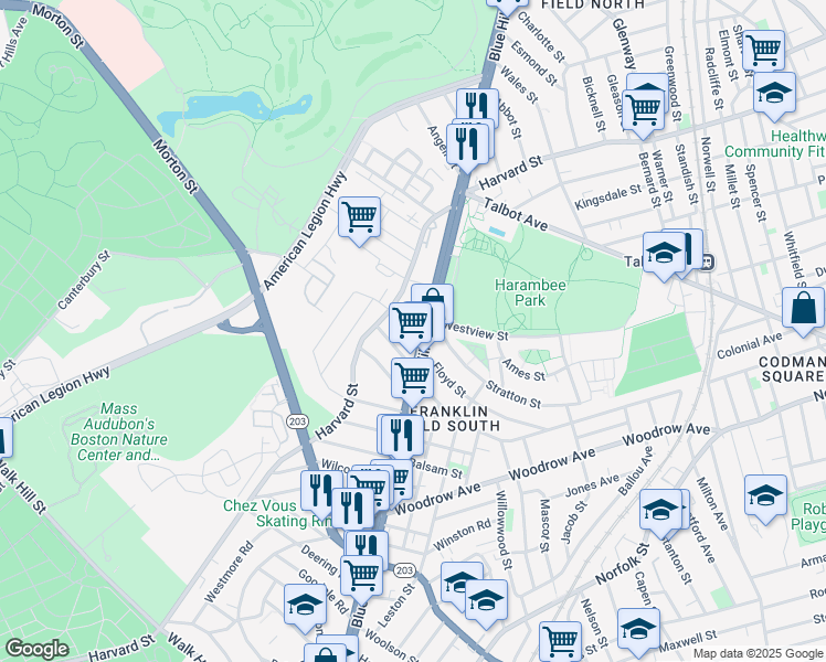 map of restaurants, bars, coffee shops, grocery stores, and more near 975 Blue Hill Avenue in Boston