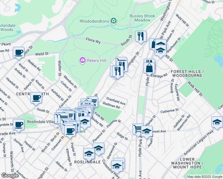 map of restaurants, bars, coffee shops, grocery stores, and more near 14 Bradeen Street in Boston