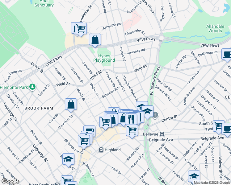 map of restaurants, bars, coffee shops, grocery stores, and more near 111 Manthorne Road in Boston