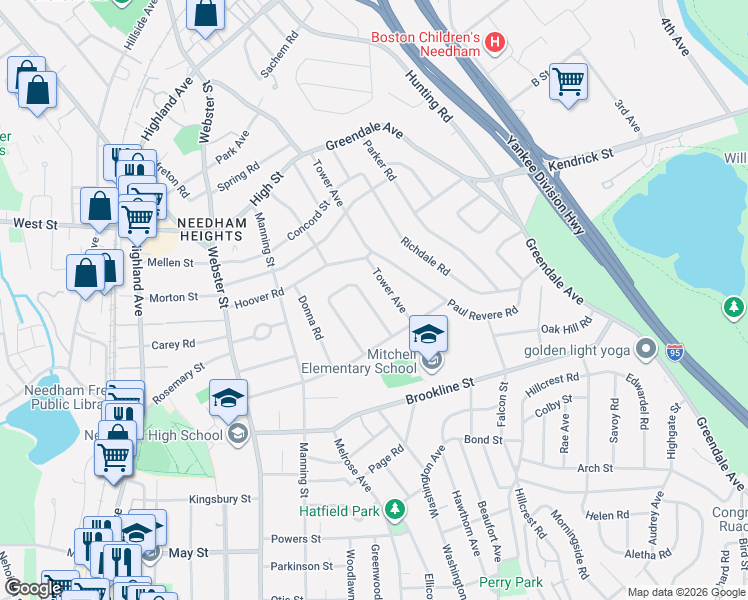 map of restaurants, bars, coffee shops, grocery stores, and more near 153 Tower Avenue in Needham