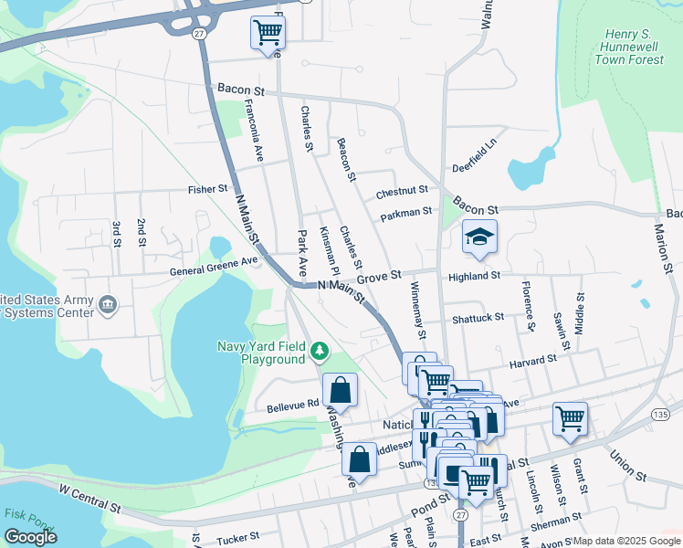 map of restaurants, bars, coffee shops, grocery stores, and more near 85 North Main Street in Natick