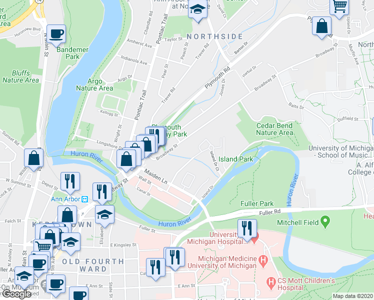map of restaurants, bars, coffee shops, grocery stores, and more near 1288 Broadway Street in Ann Arbor