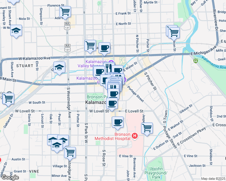 map of restaurants, bars, coffee shops, grocery stores, and more near 125 West Exchange Place in Kalamazoo