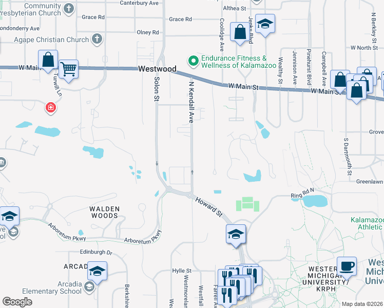 map of restaurants, bars, coffee shops, grocery stores, and more near 203 South Kendall Avenue in Kalamazoo
