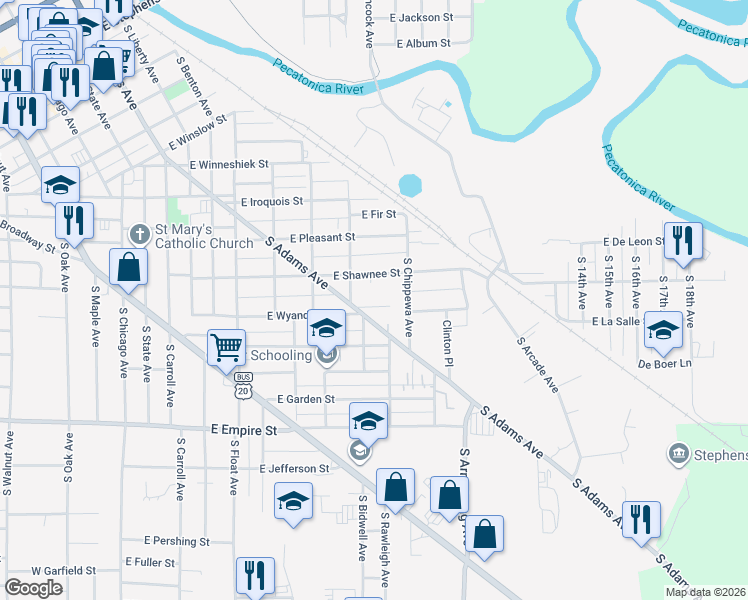 map of restaurants, bars, coffee shops, grocery stores, and more near 826 East Wyandotte Street in Freeport