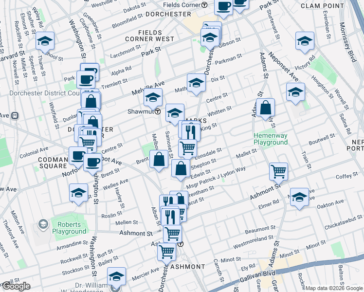 map of restaurants, bars, coffee shops, grocery stores, and more near 19 Roseland Street in Boston